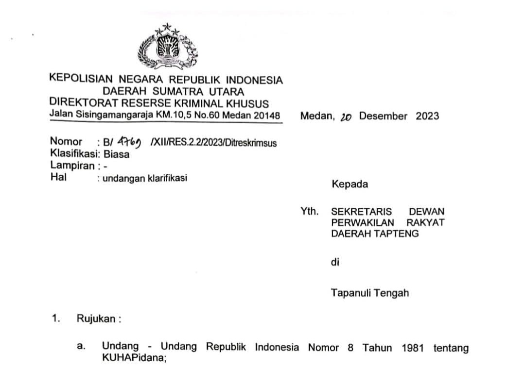 Foto : Surat Pemanggilan Terhadap Sekwan DPRD Kabupaten Tapteng (istimewa)