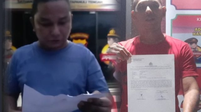 Foto : Bakhtiar Ahmad Sibarani (Kiri) dan Demakson Tampubolon (kiri) saat saling lapor di Polres Tapanuli Tengah pada Minggu (24/12/23).