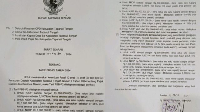 Foto : Surat Edaran Pj Bupati Tapanuli Tengah Tentang tarif PBB-P2 Tahun 2024