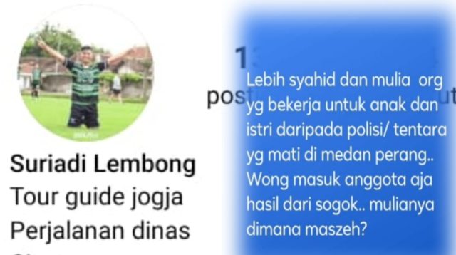 Foto : Pemilik akun dan Status yang diduga menghina Institusi TNI-Polri dan Prajurit yang gugur di Medan Perang