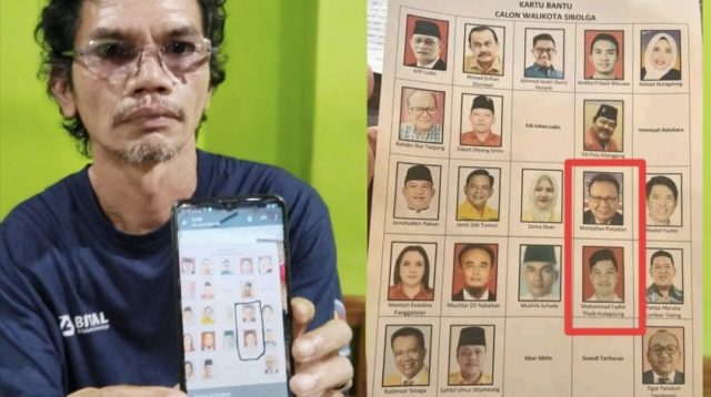 Foto : Jubir Muhammad Fadhil Thoib Hutagalung saat menunjukkan kartu bantu calon walikota Sibolga yang tidak sesuai foto dengan nama.