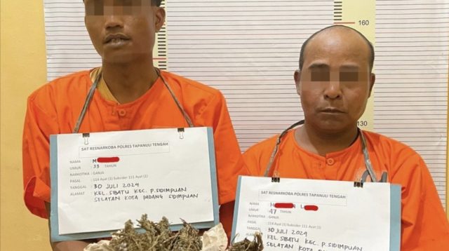 Foto : Kedua warga Padang Sidempuan terduga pengedar Narkotika saat diamankan di Polres Tapanuli Tengah bersama barang bukti