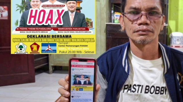 Foto : Mangala Sitanggang saat menunjukkan Fotingan Hoax yang diunggah di salah satu grup akun Facebook