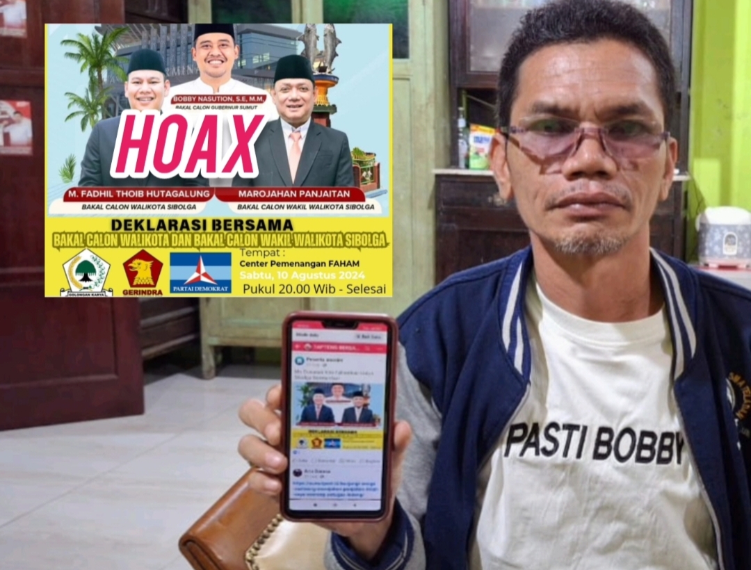 Foto : Mangala Sitanggang saat menunjukkan Fotingan Hoax yang diunggah di salah satu grup akun Facebook